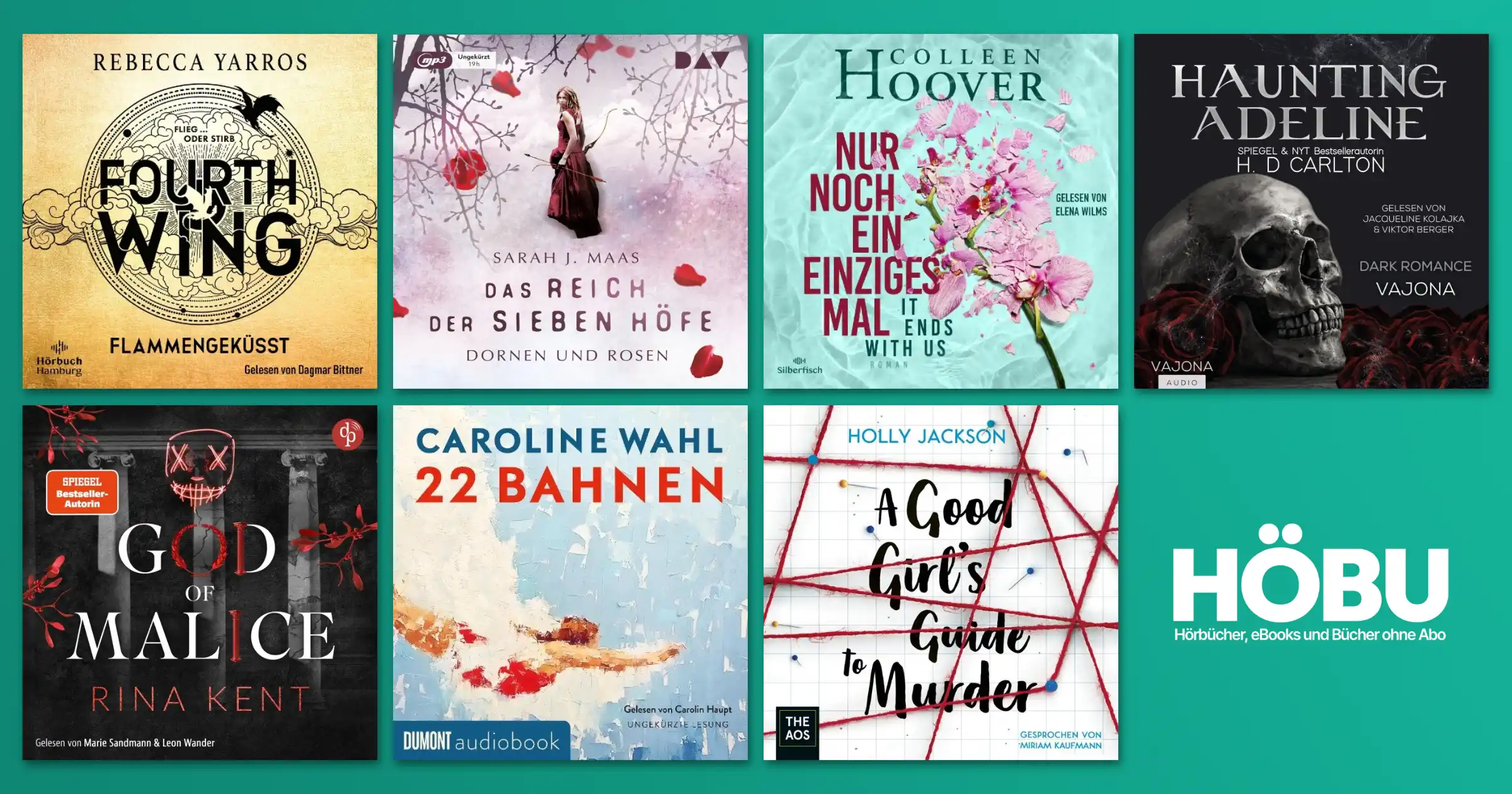 BookTok Hörbücher – Cover von Fourth Wing, It Ends With Us, 22 Bahnen und weiteren viralen Titeln