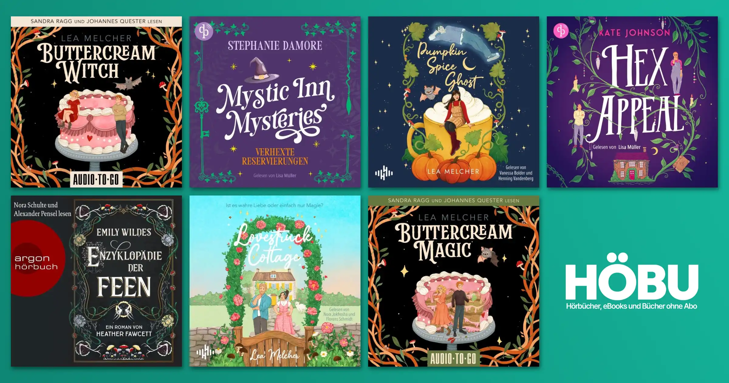 Cozy Romantasy Hörbücher – Cover von Buttercream Witch, Hex Appeal, Emily Wildes Enzyklopädie der Feen und weiteren Titeln