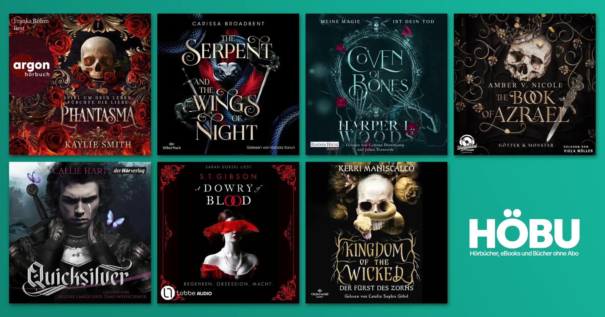 Dark Romantasy Hörbücher – Cover von Phantasma, Kingdom of the Wicked, Coven of Bones und weiteren Titeln