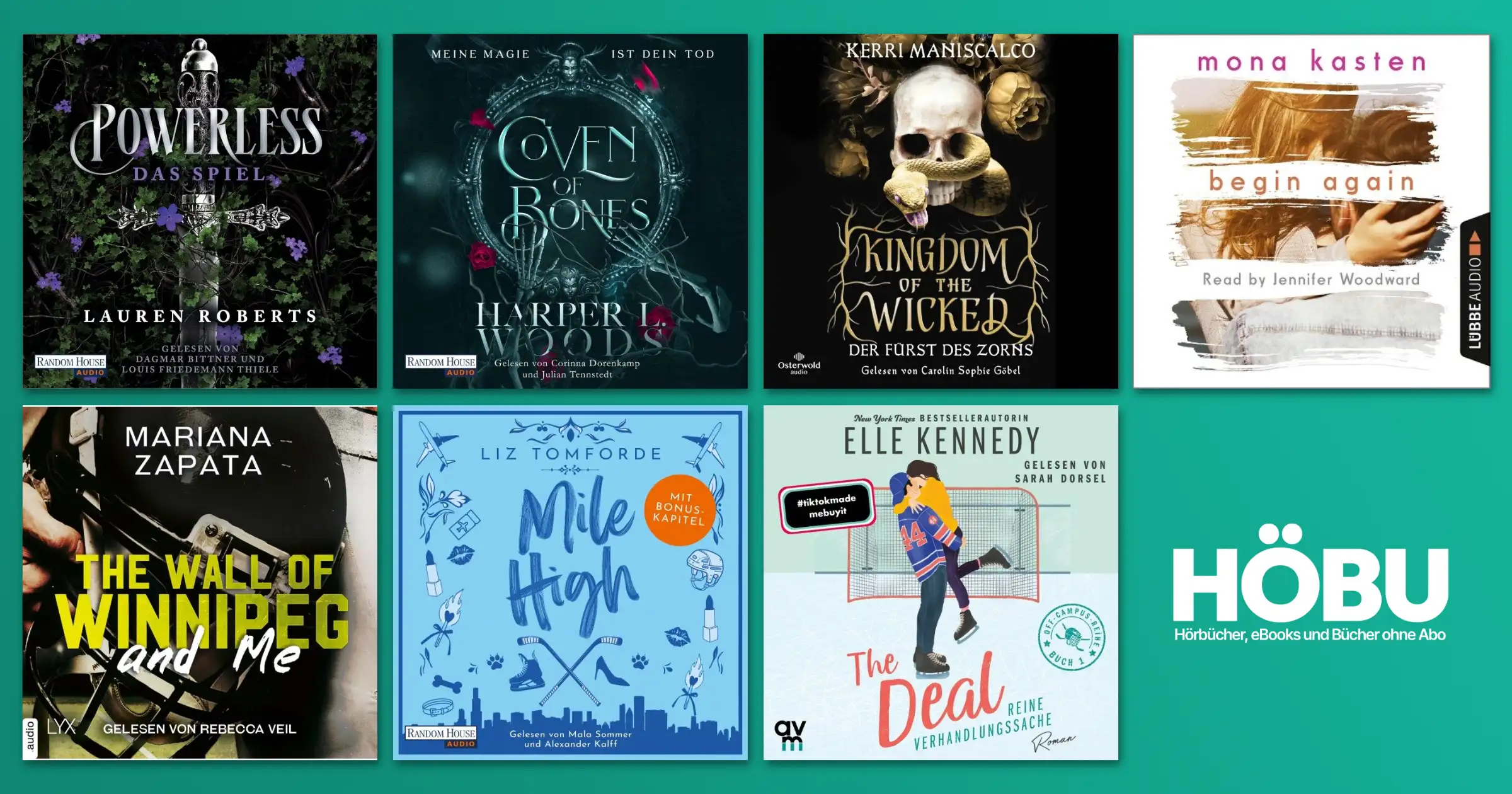 Enemies to Lovers Hörbücher – Cover von Powerless, Fourth Wing, Begin Again und weiteren Titeln