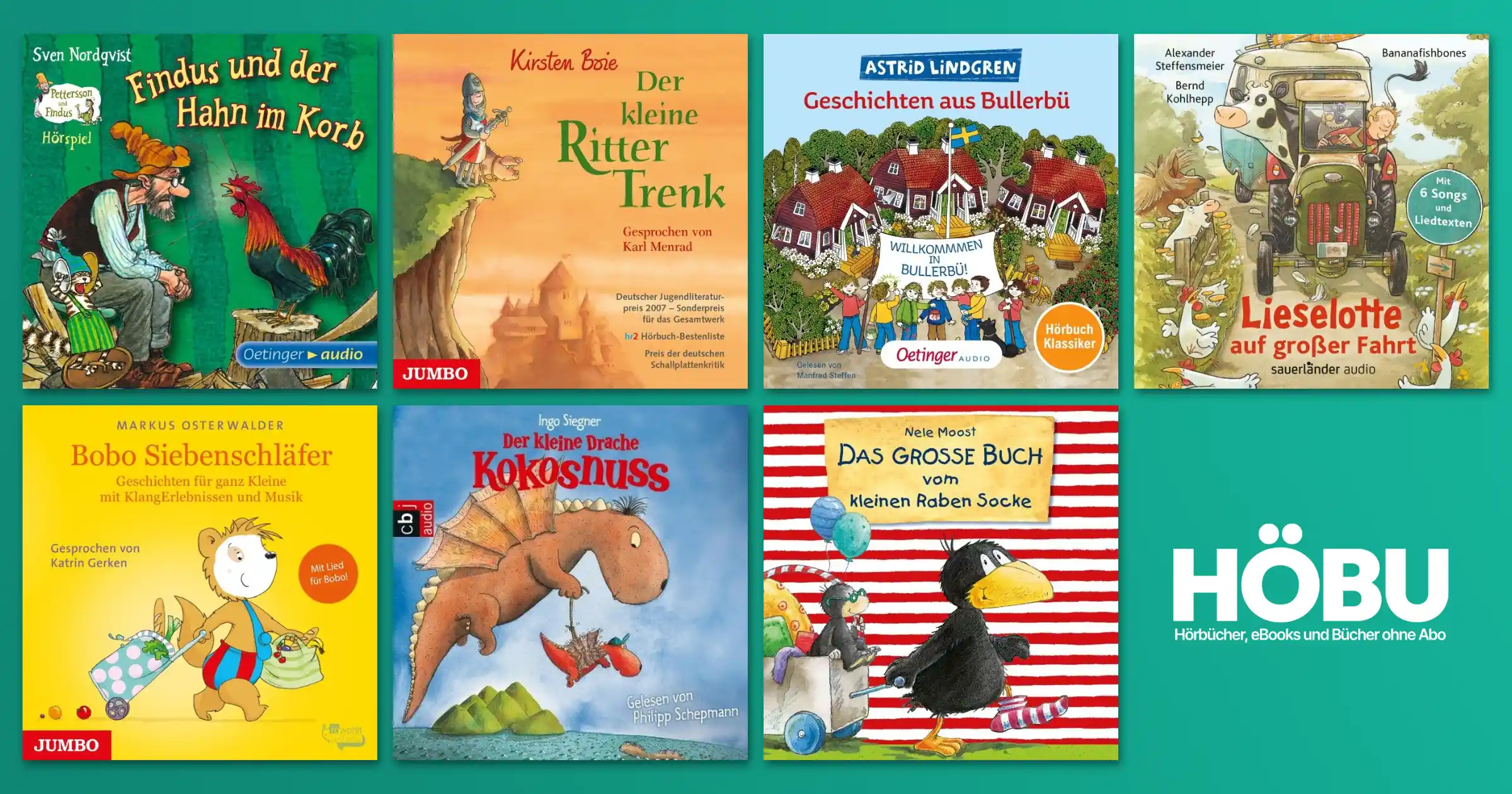 Cover-Auswahl an Hörbüchern für Kinder ab 4, darunter Bobo Siebenschläfer und Der kleine Rabe Socke