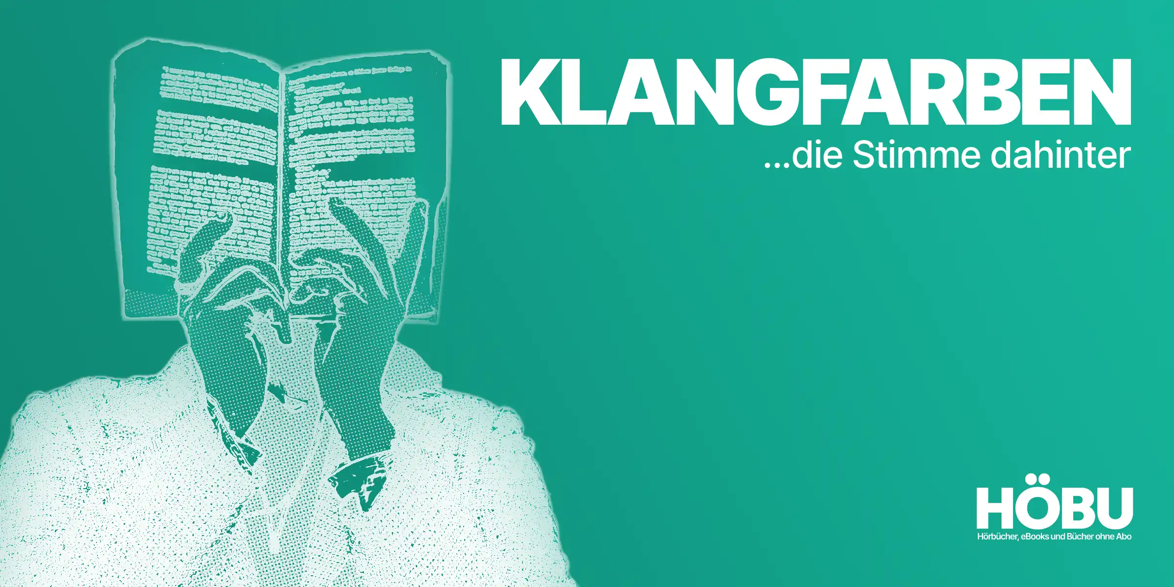 Stilisierte Halbton-Illustration in HÖBU-Teal: Mann im Anzug versteckt sein Gesicht hinter einem Buch – Rubrik „Klangfarben, die Stimme dahinter"