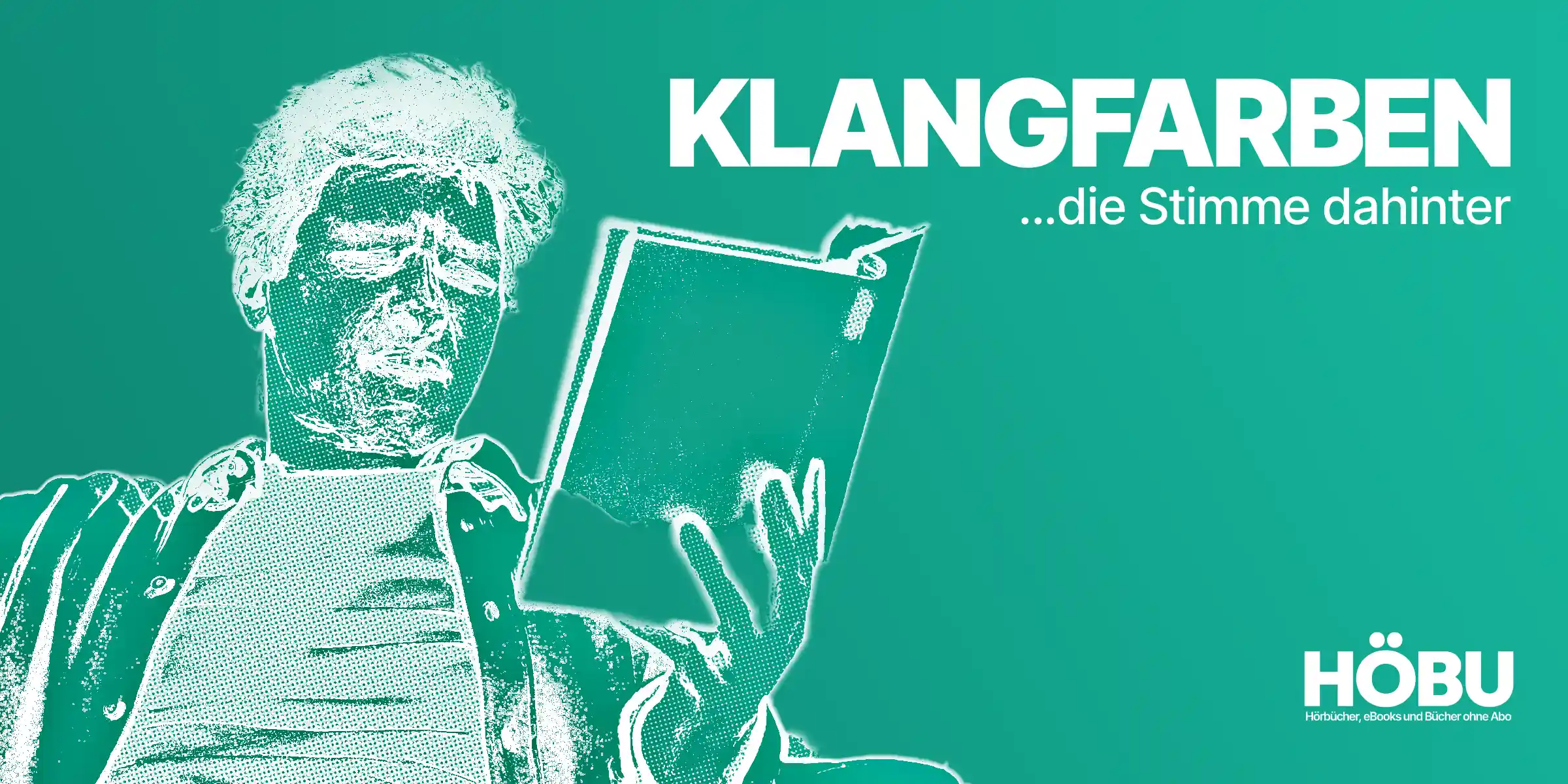 Stilisierte Halbton-Illustration in HÖBU-Teal: Mittelalter Mann liest ein Buch – Rubrik „Klangfarben, die Stimme dahinter"
