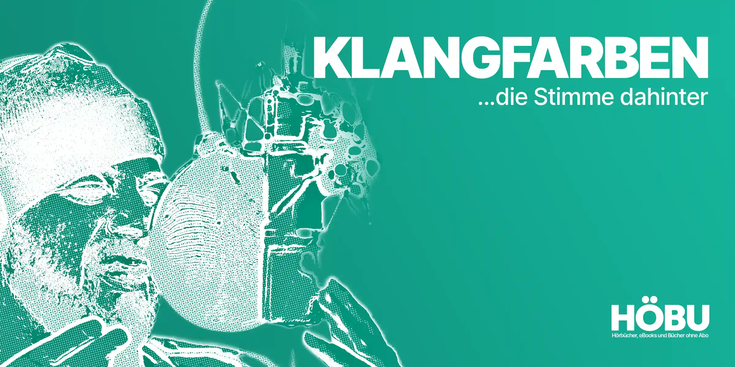 Stilisierte Halbton-Illustration in HÖBU-Teal: Mann mit Mütze spricht in ein Studiomikrofon – Rubrik „Klangfarben, die Stimme dahinter"