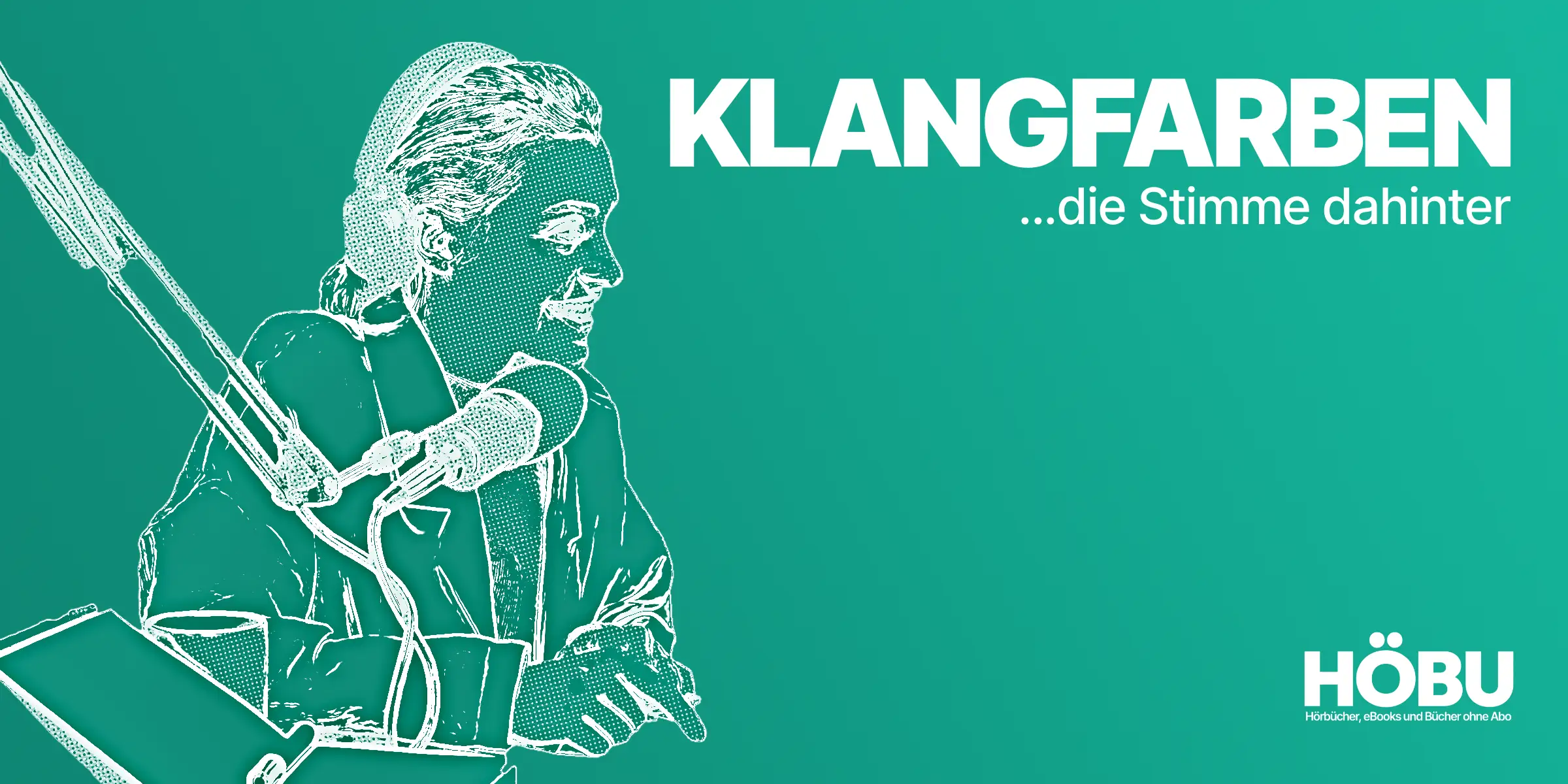 Stilisierte Halbton-Illustration in HÖBU-Teal: Junge Frau in einem Hörbuchstudio macht Pause vom Einsprechen – Rubrik „Klangfarben, die Stimme dahinter"