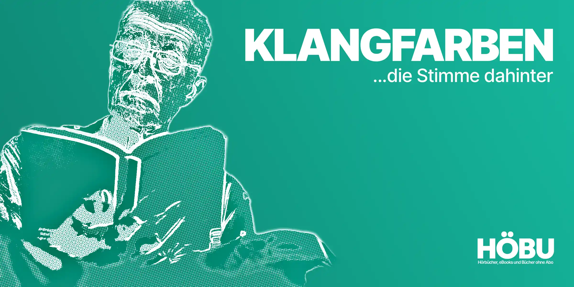 Stilisierte Halbton-Illustration in HÖBU-Teal: Älterer Mann mit Brille liest ein Buch vor – Rubrik „Klangfarben, die Stimme dahinter"